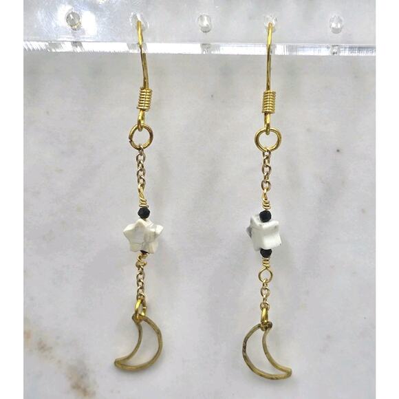 Minimalist Moon Star Earrings Pierced Gold Tone Celestial Themed French Wire - Picture 5 of 5